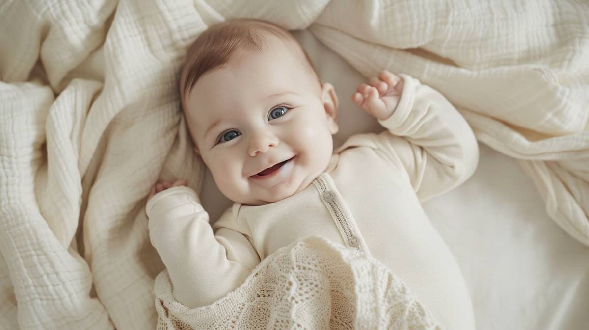 Lachende baby op een zachte crème deken